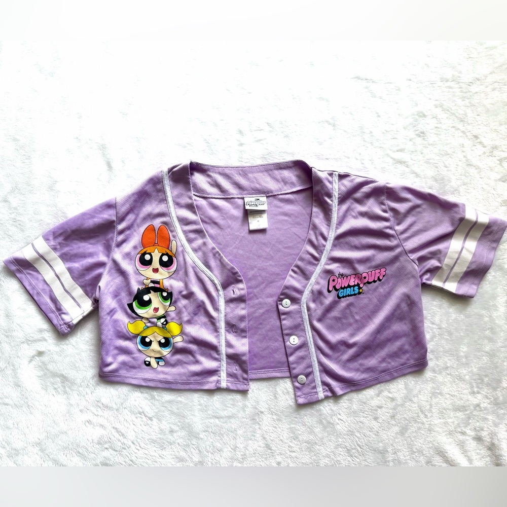Powerpuff Girls Button Up Purple Jersey Crop Top Size Medium